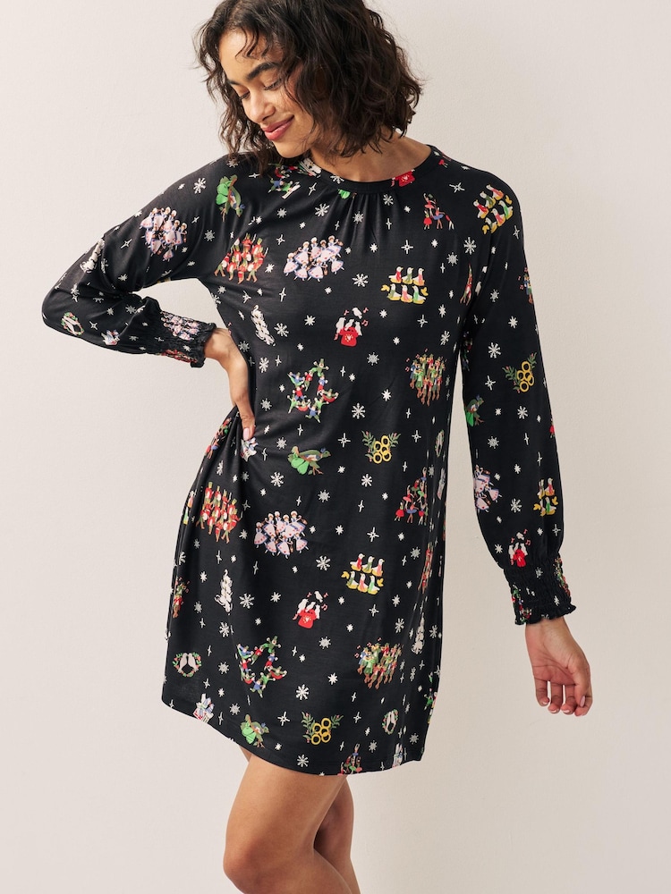 Black Graphic Long Sleeve Novelty Christmas Swing Dress - Image 1 of 5 Black Graphic Long Sleeve Novelty Christmas Swing Dress - Image 1 of 5