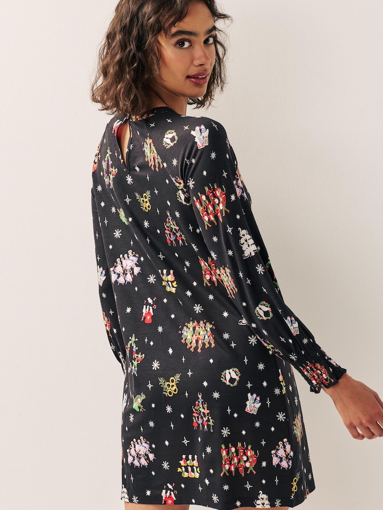 Black Graphic Long Sleeve Novelty Christmas Swing Dress - Image 2 of 5 Black Graphic Long Sleeve Novelty Christmas Swing Dress - Image 2 of 5