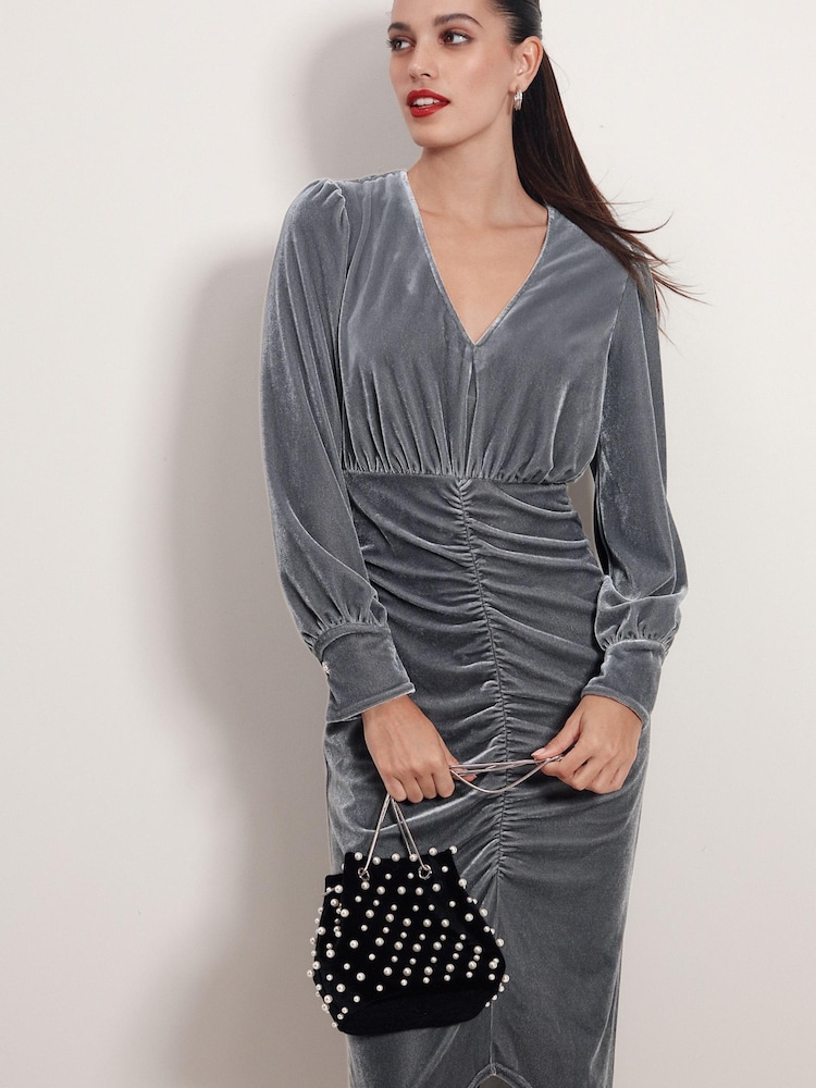 Blue/Grey Velvet Midi Dress - Image 1 of 6
