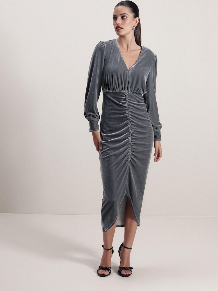 Blue/Grey Velvet Midi Dress - Image 2 of 6