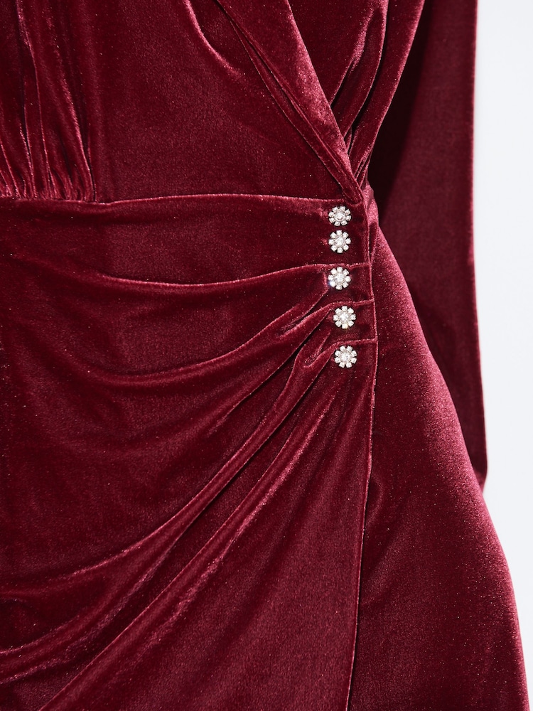 Berry Red Velvet Diamanté Button Detail Mini Dress - Image 4 of 4 Berry Red Velvet Diamanté Button Detail Mini Dress - Image 4 of 4