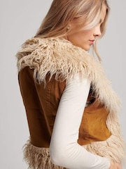 Superdry Brown Faux Fur Lined Afghan Cropped Gilet - Image 2 of 4