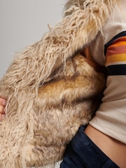 Superdry Brown Faux Fur Lined Afghan Cropped Gilet - Image 4 of 4