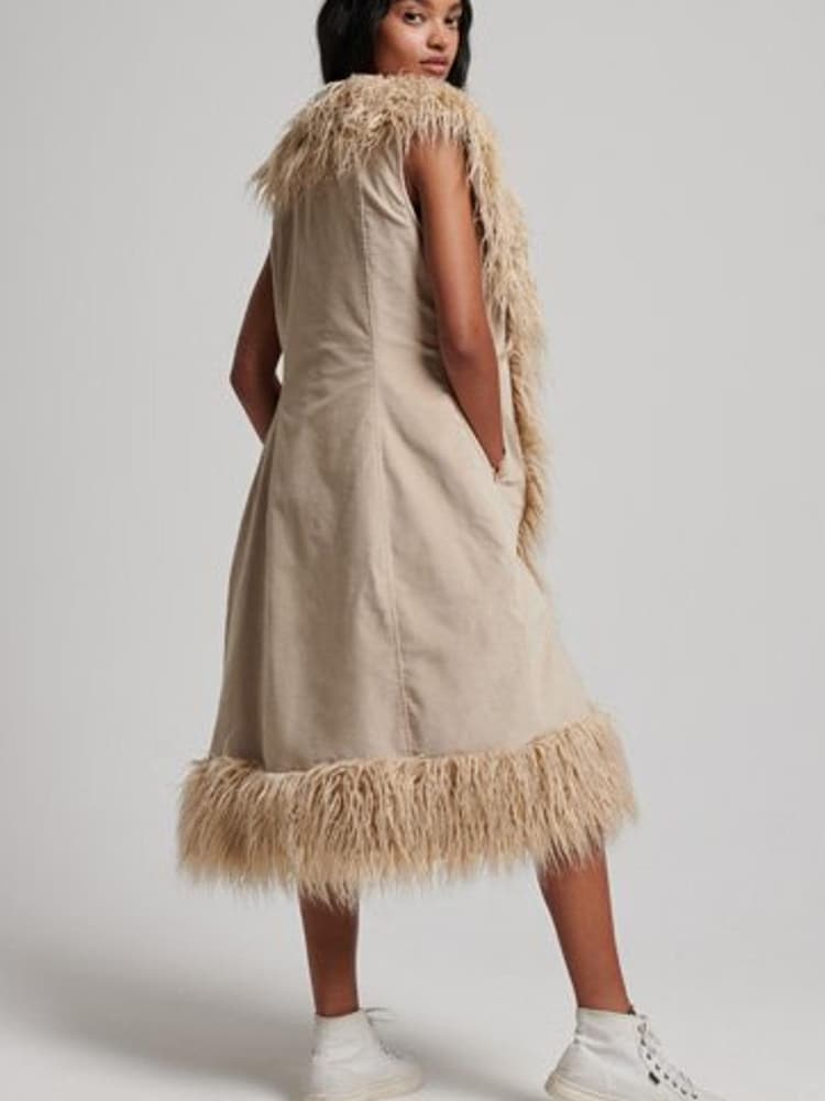 Superdry Brown Faux Fur Afghan Long Gilet - Image 1 of 4