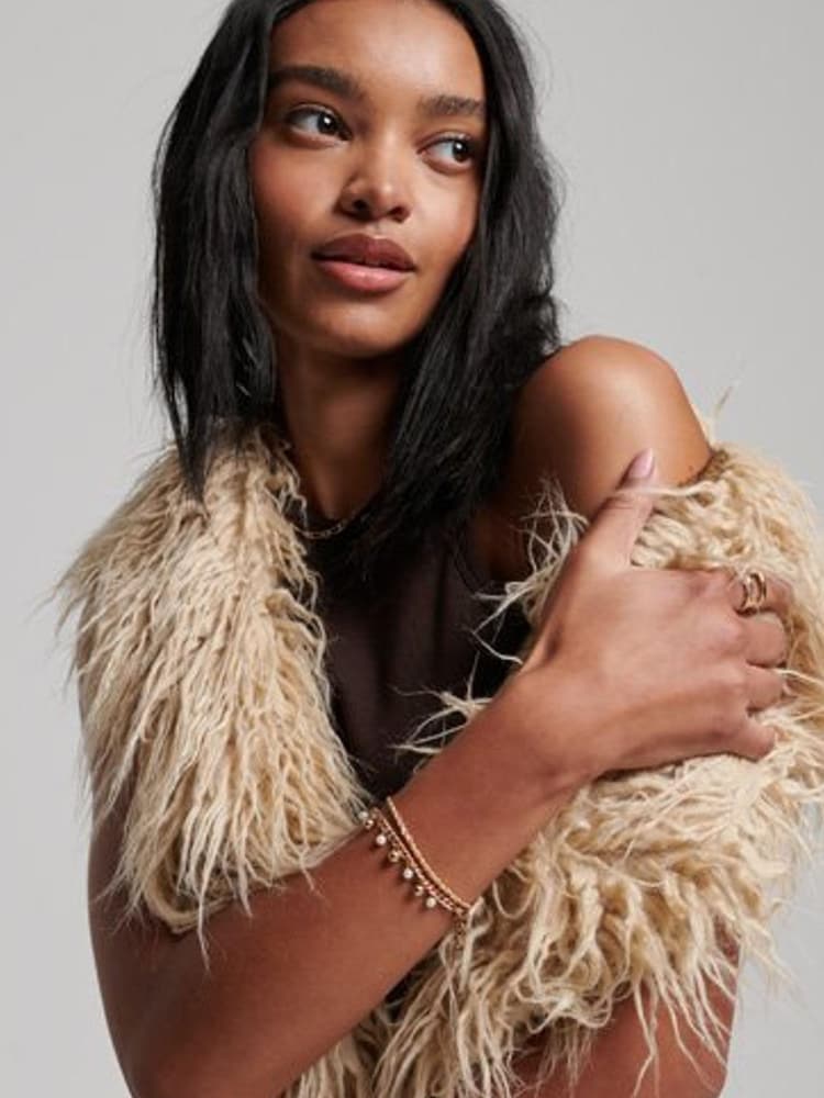Superdry Brown Faux Fur Afghan Long Gilet - Image 2 of 4