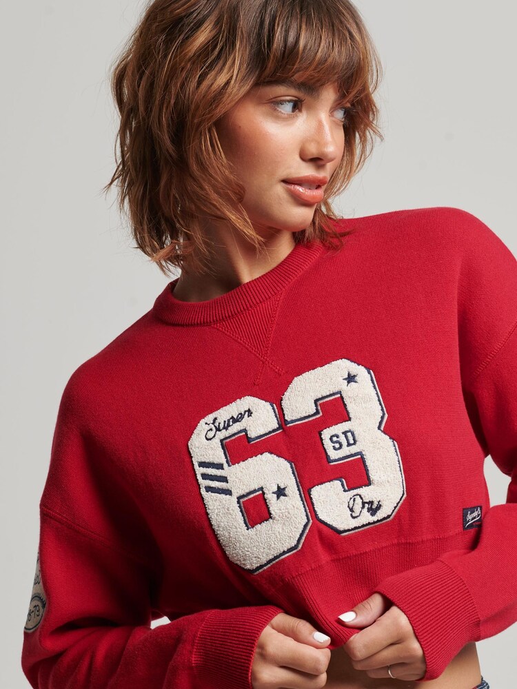 Superdry Red Varsity Crop Crew Jumper - Image 1 of 3