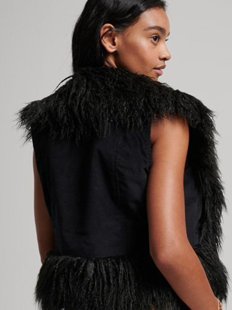 Superdry Black Faux Fur Lined Afghan Cropped Gilet - Image 1 of 3