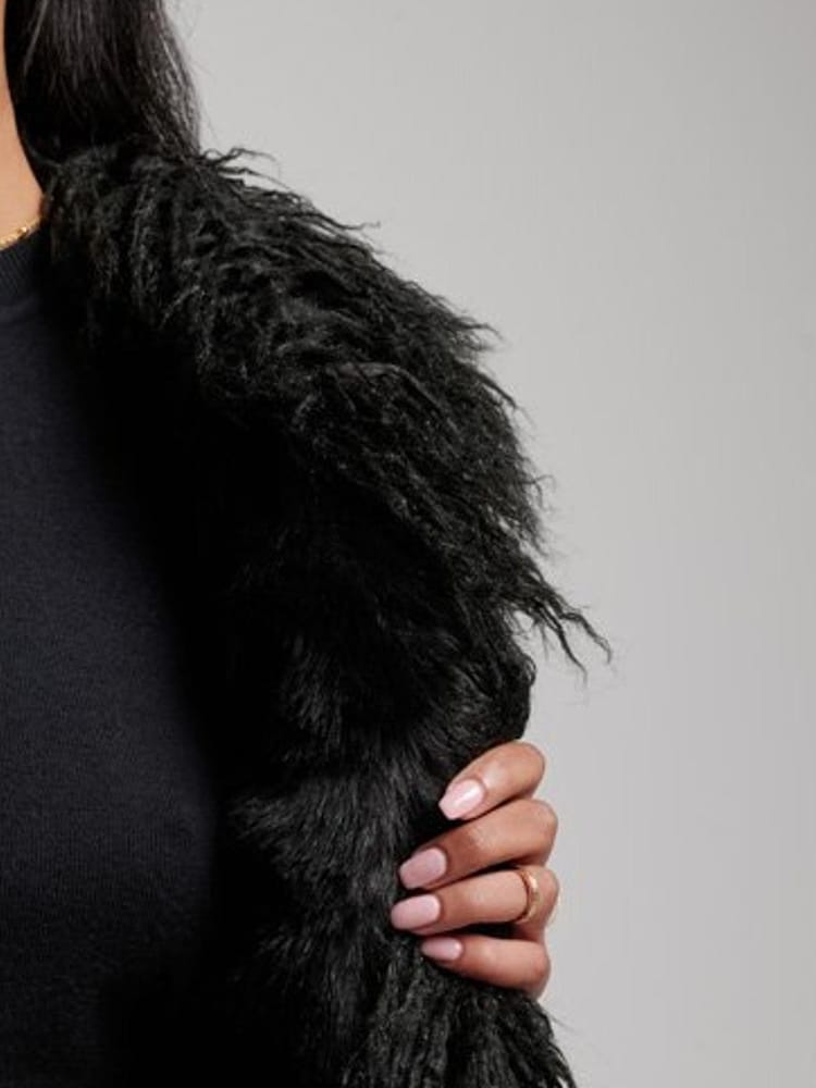 Superdry Black Faux Fur Lined Afghan Cropped Gilet - Image 3 of 3