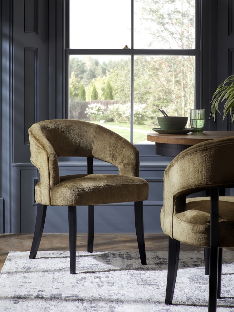 Set of 2 Plush Chenille Moss Green Remi Black Leg Dining Chairs - Image 1 of 6
