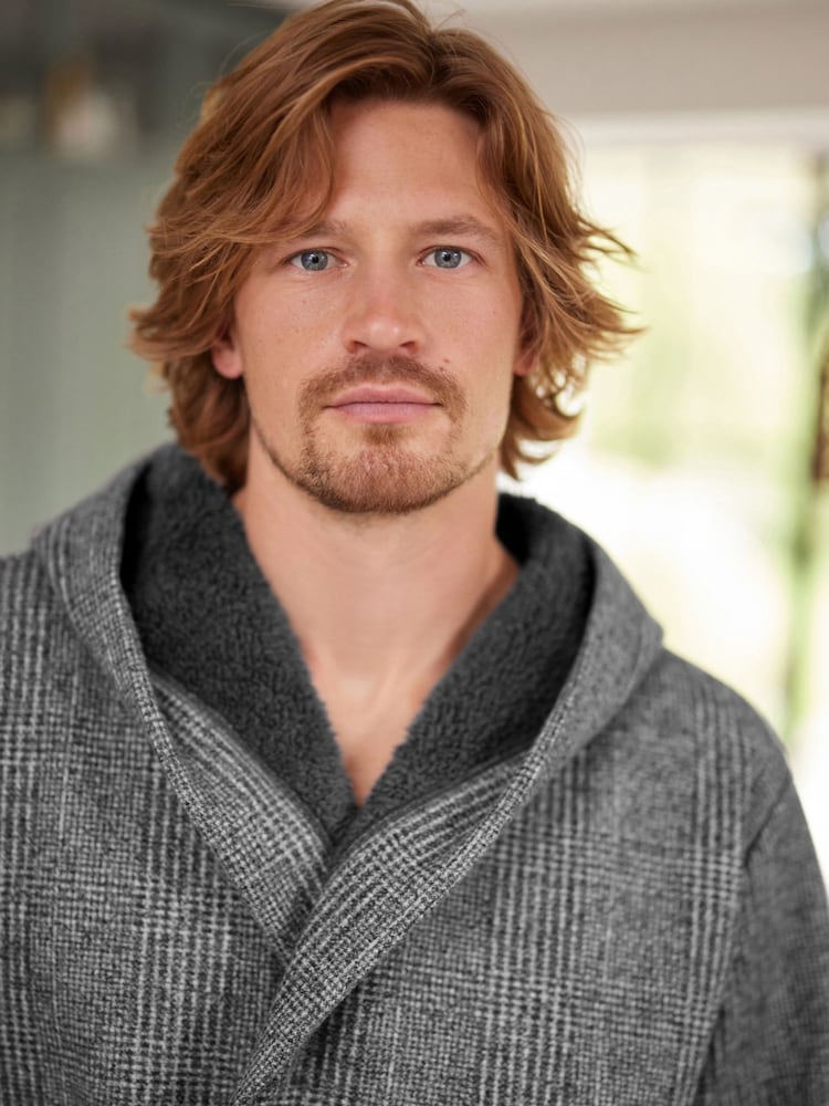 Grey Herringbone Signature Borg Lined Dressing Gown - Image 1 of 11