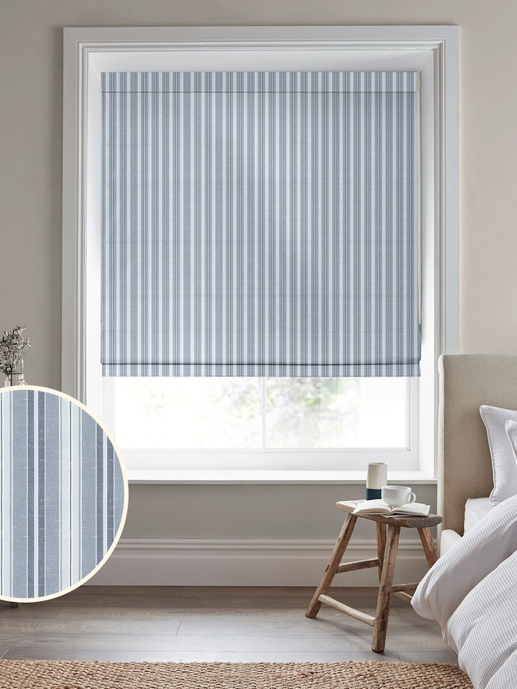 Laura Ashley Blue 100% Cotton Suffolk Stripe Made to Measure Roman Blinds - Image 1 of 6