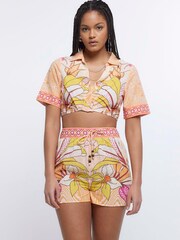 River Island Orange Print Crop Shirt - Image 1 of 4