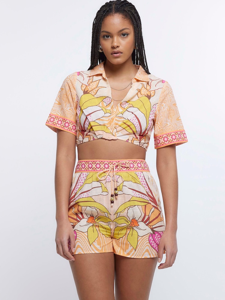 River Island Orange Print Crop Shirt - Image 1 of 4