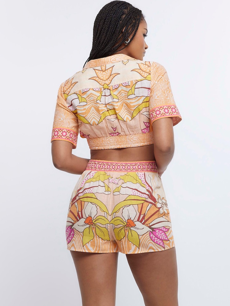 River Island Orange Print Crop Shirt - Image 2 of 4