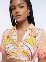 River Island Orange Print Crop Shirt - Image 3 of 4