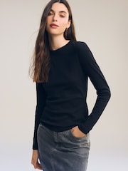 Black Long Sleeve Ribbed Crew Neck Top - Image 1 of 6