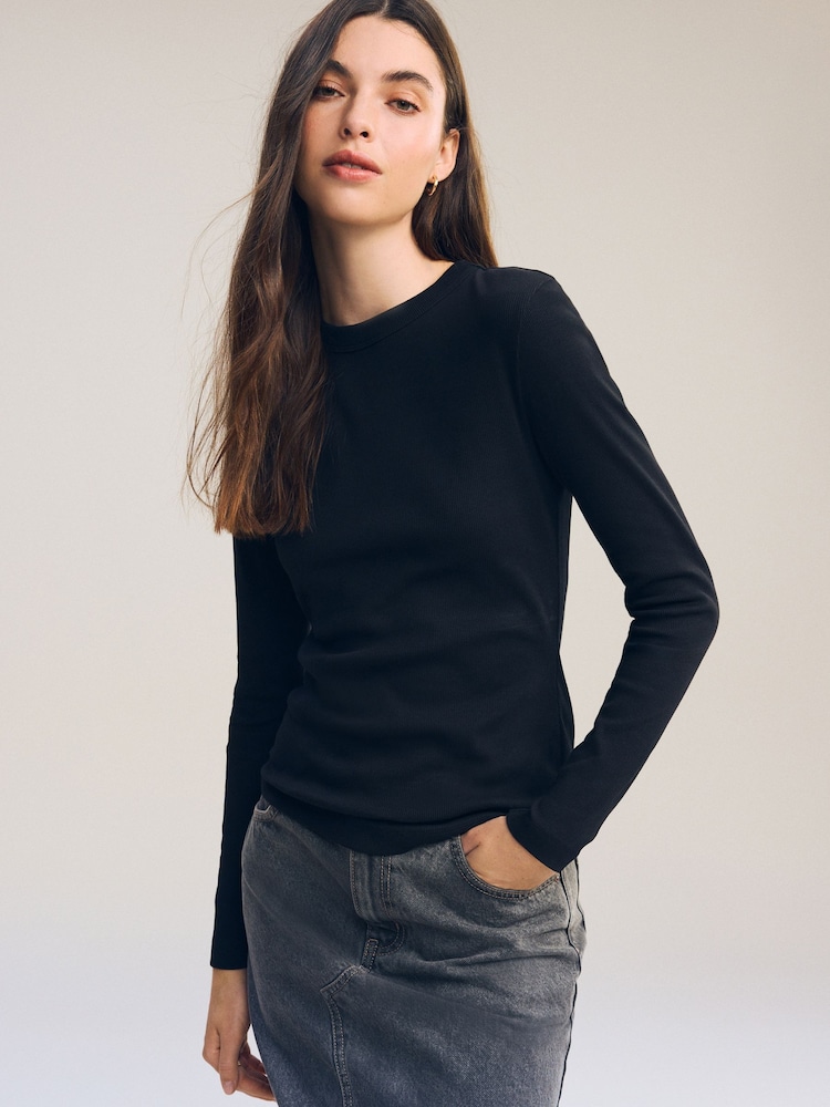 Black Long Sleeve Ribbed Crew Neck Top - Image 1 of 6