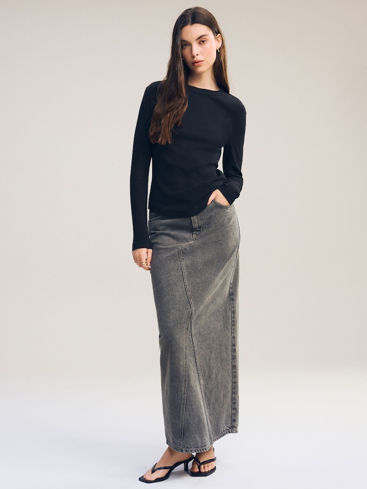 Black Long Sleeve Ribbed Crew Neck Top - Image 2 of 6