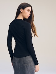Black Long Sleeve Ribbed Crew Neck Top - Image 3 of 6