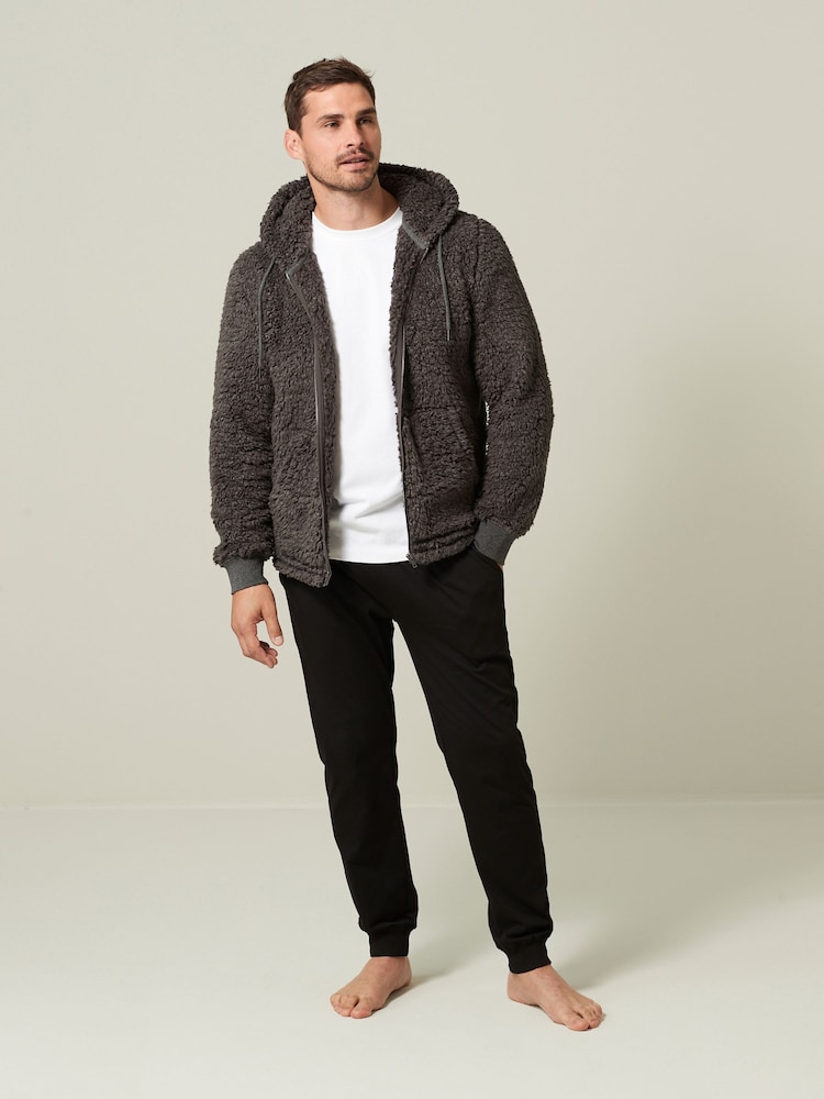 Charcoal Grey Fleece Borg Zip Through Hoodie - Image 2 of 8
