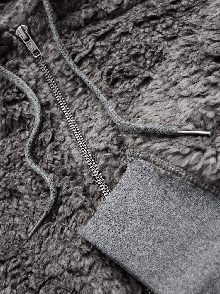 Charcoal Grey Fleece Borg Zip Through Hoodie - Image 8 of 8