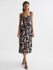 Reiss Black/Blush Aleen Floral Print Linen Midi Dress - Image 1 of 5