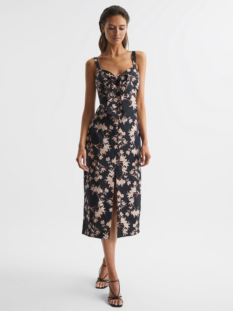 Reiss Black/Blush Aleen Floral Print Linen Midi Dress - Image 1 of 5