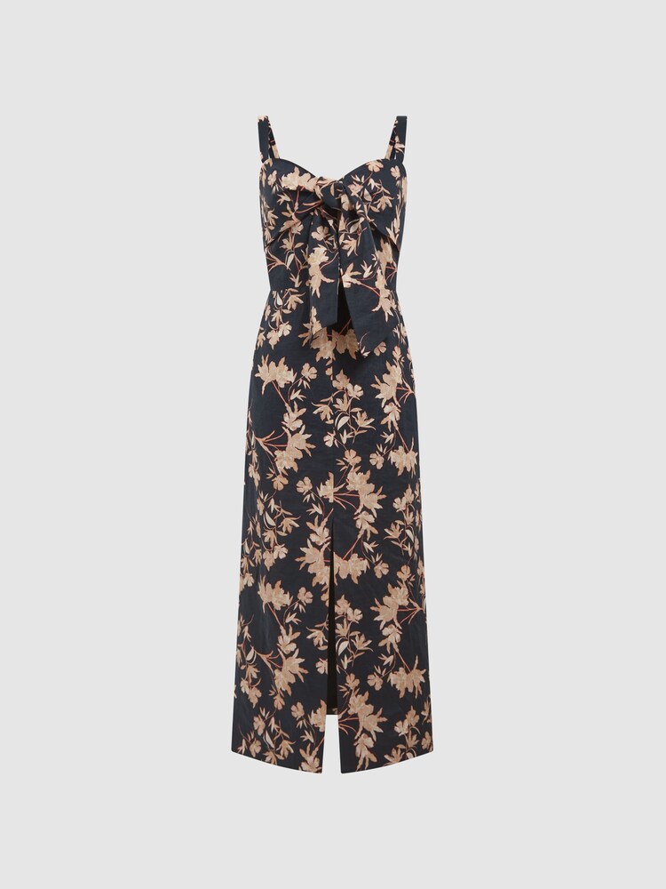 Reiss Black/Blush Aleen Floral Print Linen Midi Dress - Image 10 of 10
