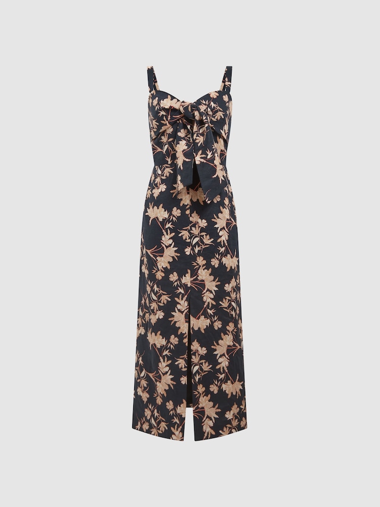 Reiss Black/Blush Aleen Floral Print Linen Midi Dress - Image 2 of 5