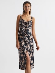 Reiss Black/Blush Aleen Floral Print Linen Midi Dress - Image 3 of 5