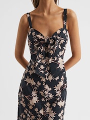 Reiss Black/Blush Aleen Floral Print Linen Midi Dress - Image 4 of 5