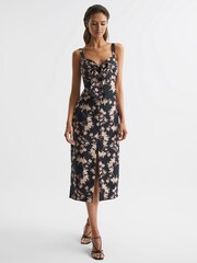 Reiss Black/Blush Aleen Floral Print Linen Midi Dress - Image 9 of 10