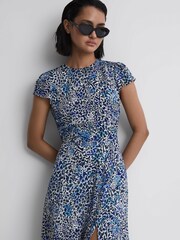 Reiss Blue Livia Printed Cut Out Back Midi Dress - Image 1 of 7