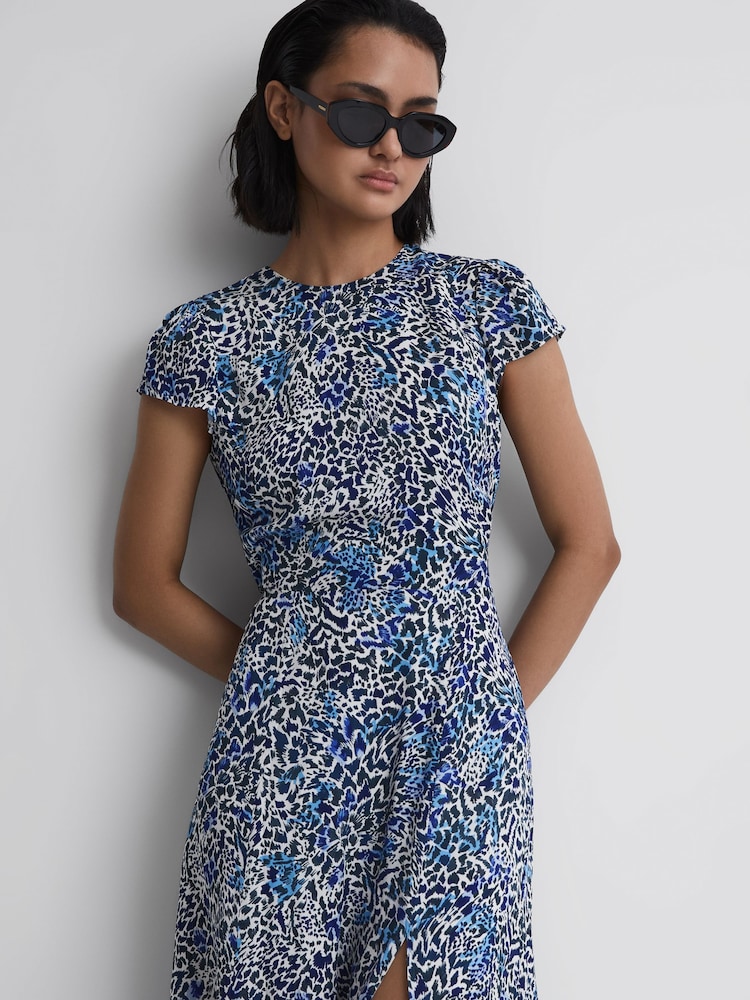 Reiss Blue Livia Printed Cut Out Back Midi Dress - Image 1 of 7