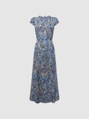 Reiss Blue Livia Printed Cut Out Back Midi Dress - Image 2 of 7