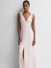 Reiss Nude Lila Bridesmaid Twist Detail Midi Dress - Image 1 of 5