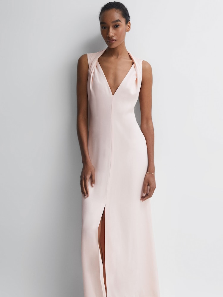 Reiss Nude Lila Bridesmaid Twist Detail Midi Dress - Image 1 of 5