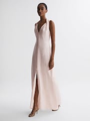 Reiss Nude Lila Bridesmaid Twist Detail Midi Dress - Image 3 of 5