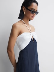 Reiss Navy/White Sian Linen Colour Block Midi Dress - Image 1 of 7