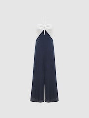 Reiss Navy/White Sian Linen Colour Block Midi Dress - Image 2 of 7