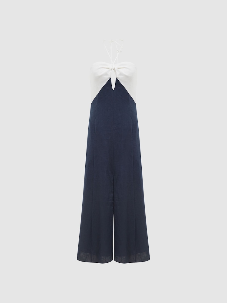 Reiss Navy/White Sian Linen Colour Block Midi Dress - Image 2 of 7