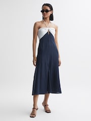 Reiss Navy/White Sian Linen Colour Block Midi Dress - Image 3 of 7