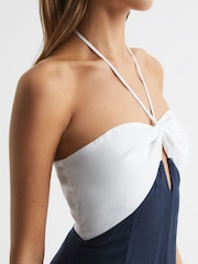 Reiss Navy/White Sian Linen Colour Block Midi Dress - Image 4 of 7