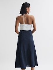 Reiss Navy/White Sian Linen Colour Block Midi Dress - Image 5 of 7