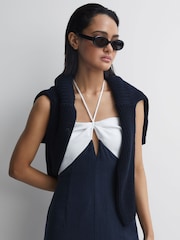 Reiss Navy/White Sian Linen Colour Block Midi Dress - Image 6 of 7