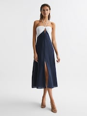 Reiss Navy/White Sian Linen Colour Block Midi Dress - Image 7 of 7