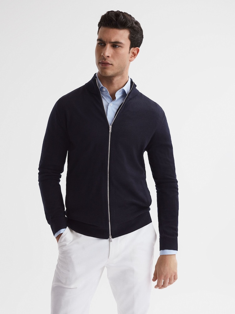 Reiss Navy Hampshire Merino Wool Zip-Through Cardigan - Image 1 of 7