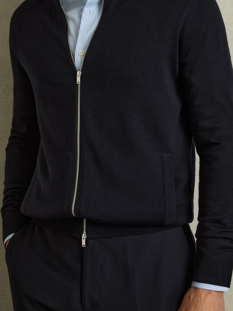 Reiss Navy Hampshire Merino Wool Zip-Through Cardigan - Image 4 of 7