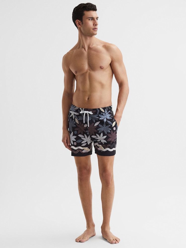 Reiss Black Multi Arizona Floral Print Drawstring Swim Shorts - Image 1 of 7