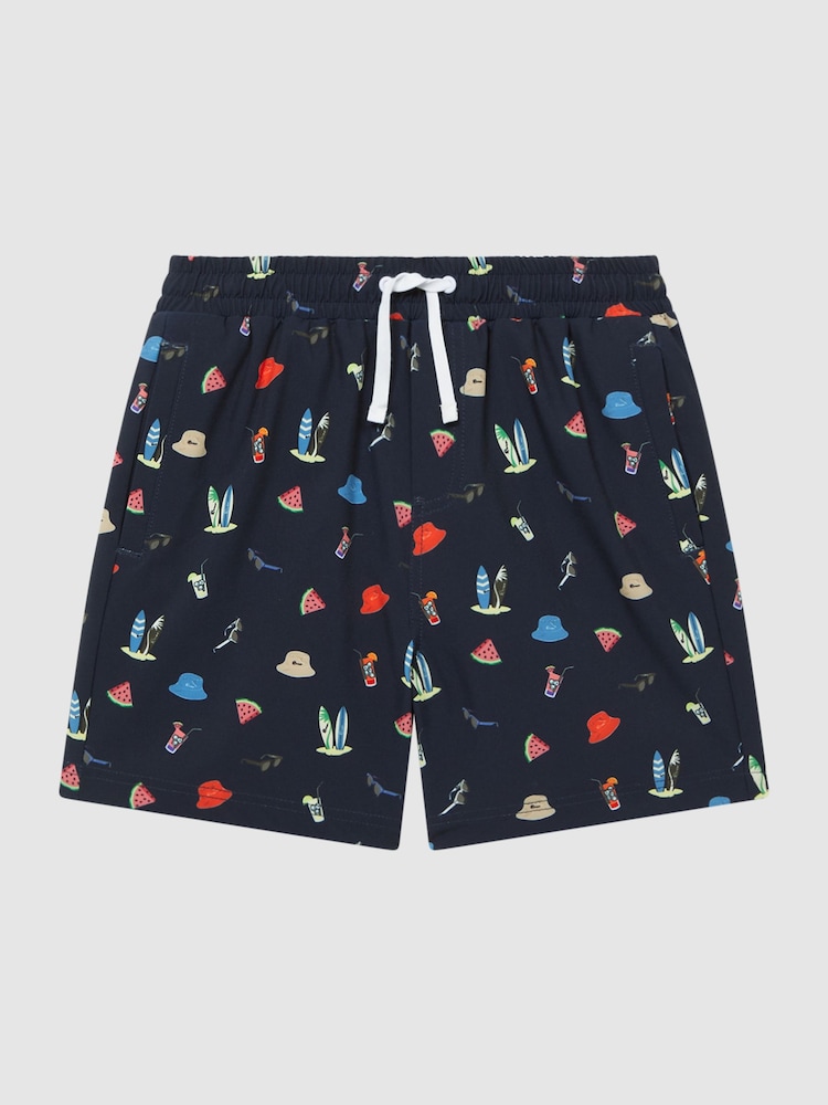 Reiss Black Augustus Junior Beach Print Swim Shorts - Image 2 of 7 Reiss Black Augustus Junior Beach Print Swim Shorts - Image 2 of 7